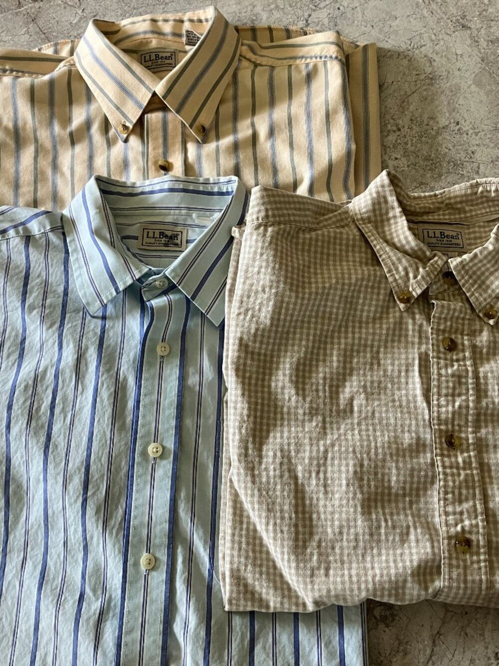 LL Bean Lot Of 3 Men’s Plaid/Striped Button Down Shirts Short Sleeve Size LARGE.